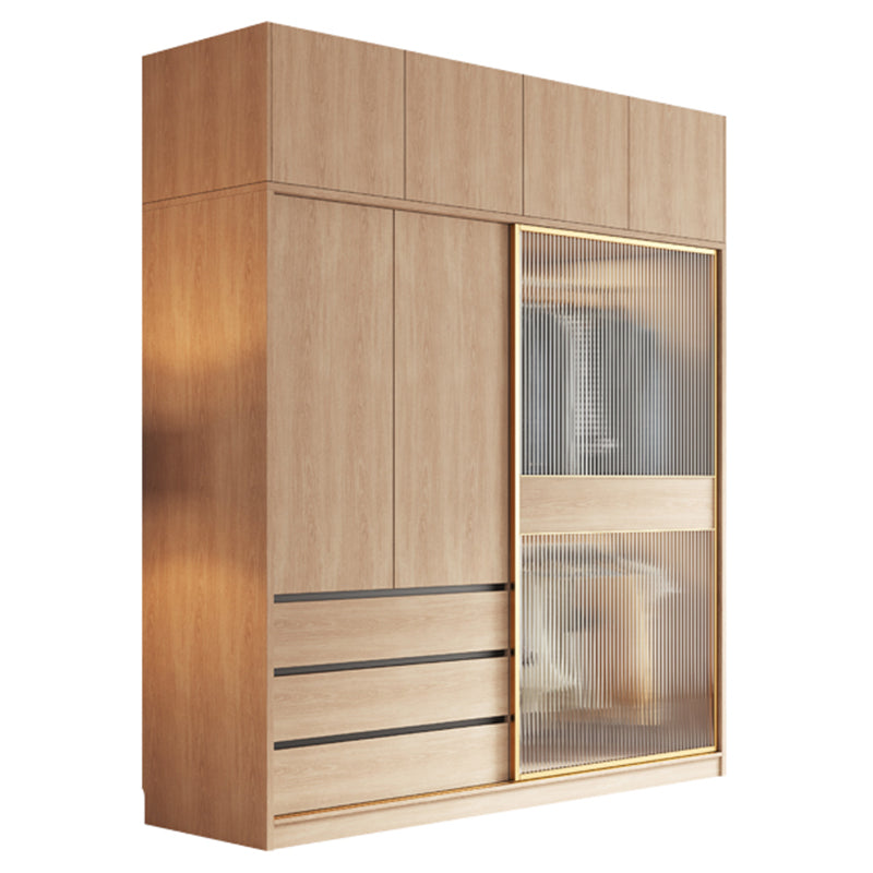 Contemporary Glass Sliding Doors Wardrobe Natural Wood Wardrobe with Drawers