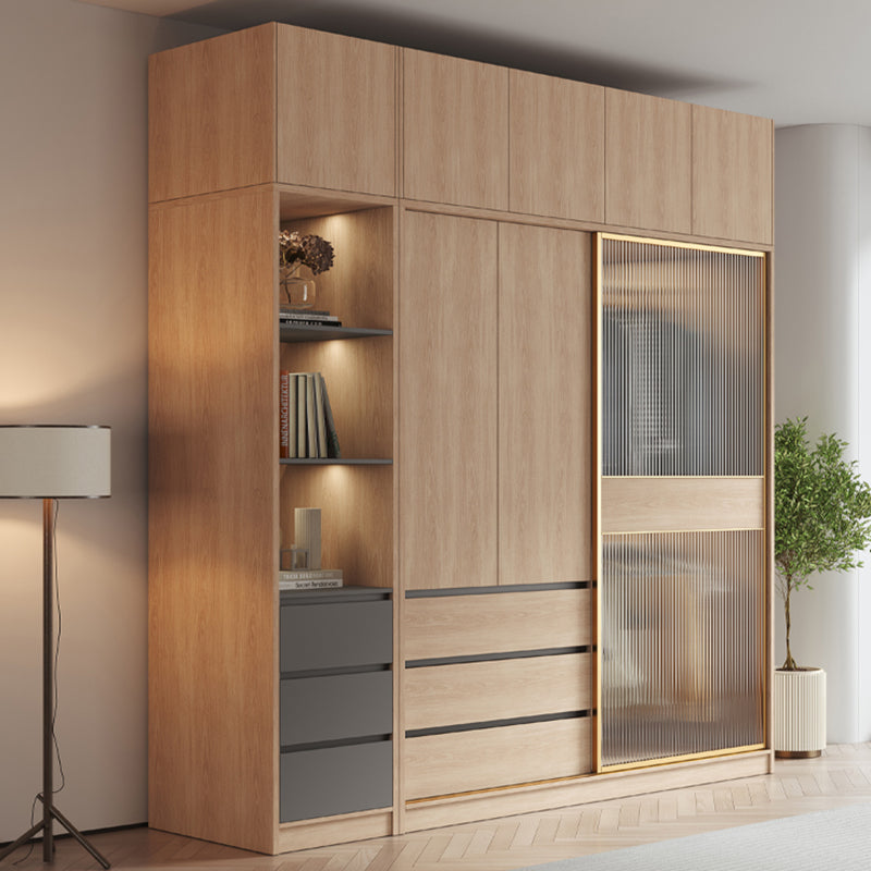 Contemporary Glass Sliding Doors Wardrobe Natural Wood Wardrobe with Drawers
