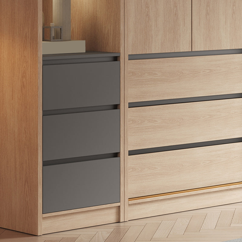 Contemporary Glass Sliding Doors Wardrobe Natural Wood Wardrobe with Drawers