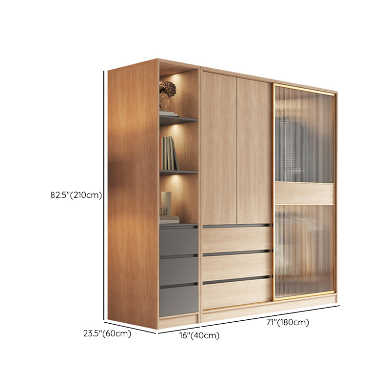 Contemporary Glass Sliding Doors Wardrobe Natural Wood Wardrobe with Drawers