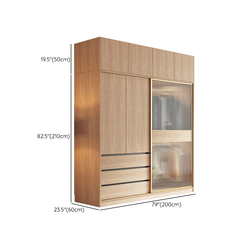 Contemporary Glass Sliding Doors Wardrobe Natural Wood Wardrobe with Drawers