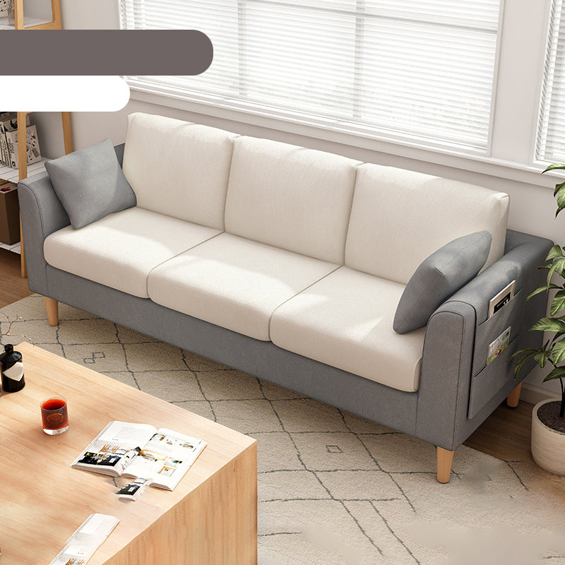 Scandinavian 3 Seater Sofa with Pillows Back and Tuxedo Arm and Solid Wood Legs