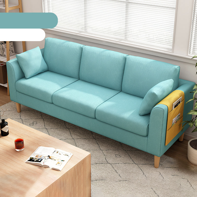 Scandinavian 3 Seater Sofa with Pillows Back and Tuxedo Arm and Solid Wood Legs