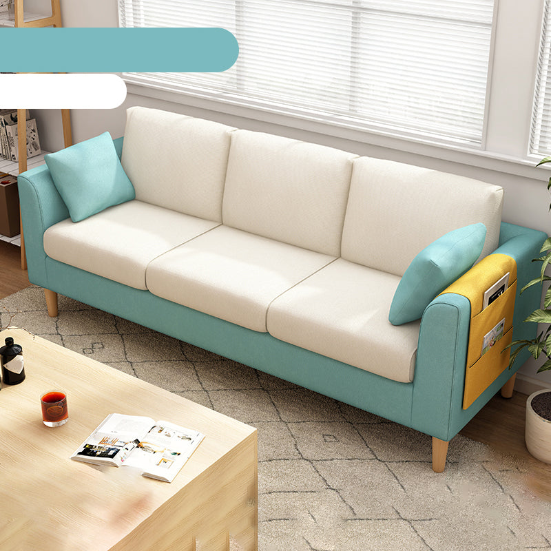 Scandinavian 3 Seater Sofa with Pillows Back and Tuxedo Arm and Solid Wood Legs
