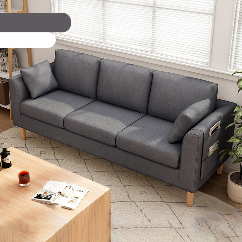 Scandinavian 3 Seater Sofa with Pillows Back and Tuxedo Arm and Solid Wood Legs