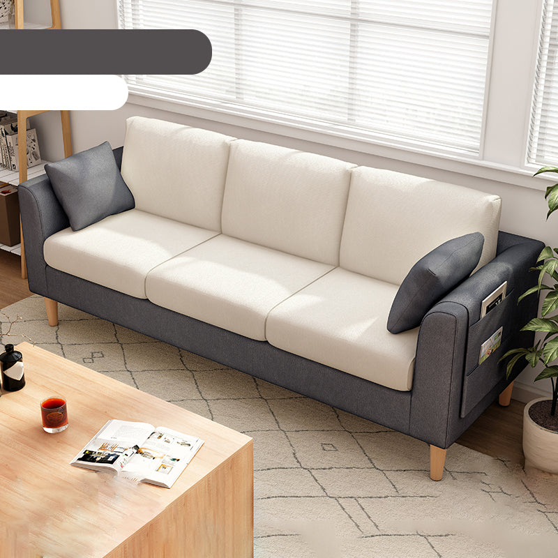 Scandinavian 3 Seater Sofa with Pillows Back and Tuxedo Arm and Solid Wood Legs