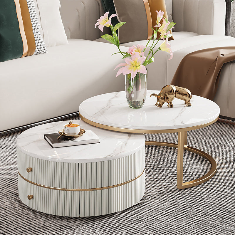 Round Coffee Table Slate Frame Nesting Coffee Table Set with Drawer