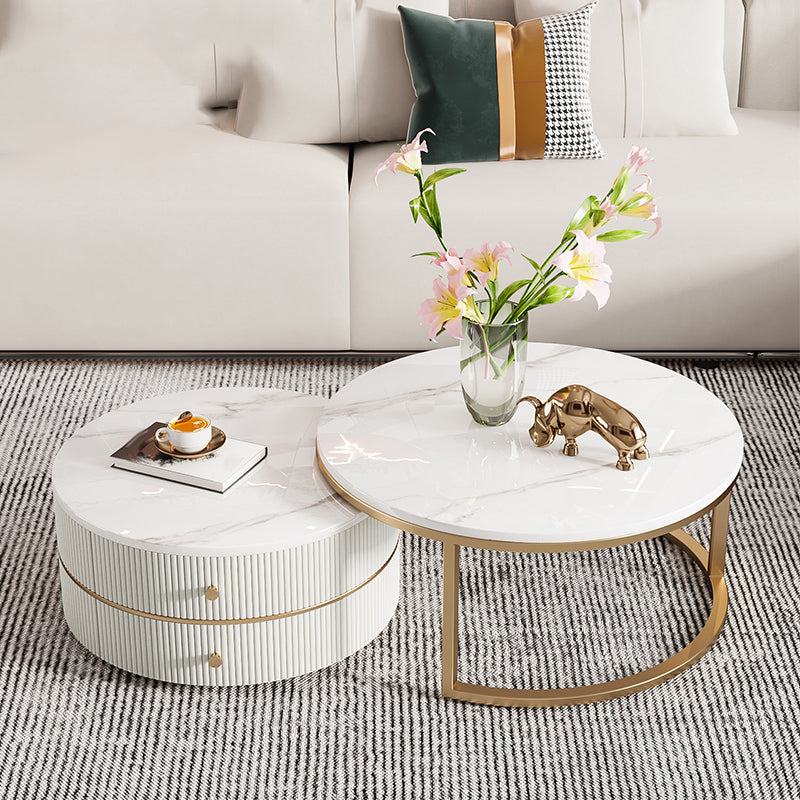 Round Coffee Table Slate Frame Nesting Coffee Table Set with Drawer