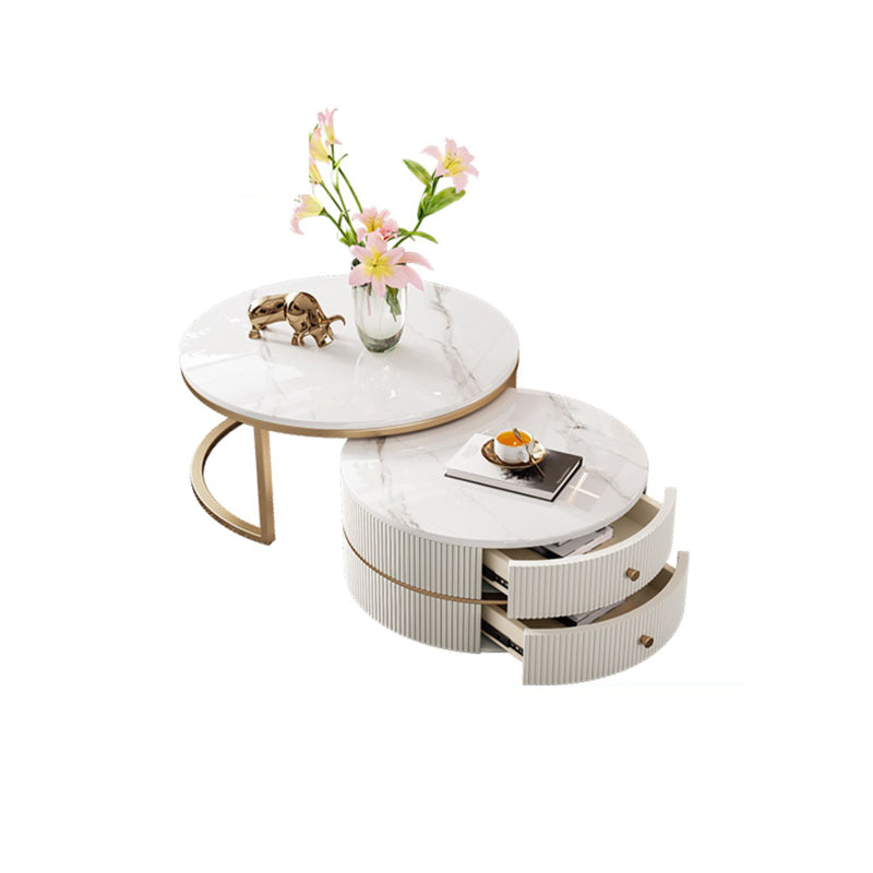 Round Coffee Table Slate Frame Nesting Coffee Table Set with Drawer