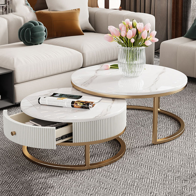 Round Coffee Table Slate Frame Nesting Coffee Table Set with Drawer