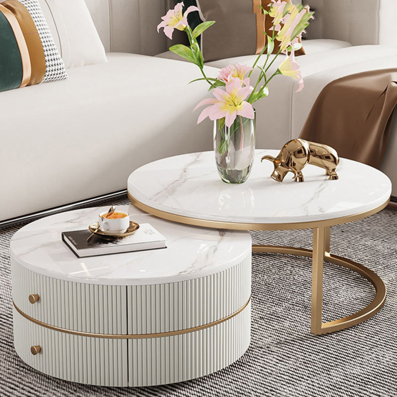 Round Coffee Table Slate Frame Nesting Coffee Table Set with Drawer