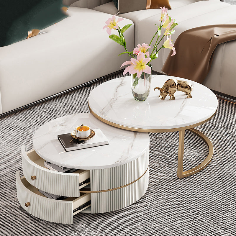 Round Coffee Table Slate Frame Nesting Coffee Table Set with Drawer