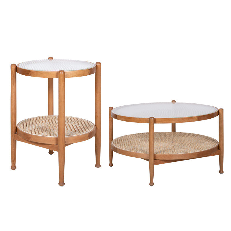 Tropical Coffee Table Glass Top Round Coffee Cocktail Table with Storage
