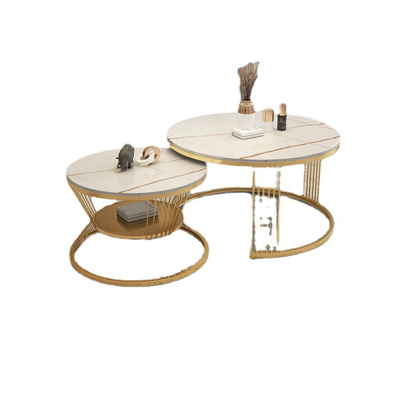 Round Slate Coffee Table Glam Nesting Coffee Table Set with Storage Shelf