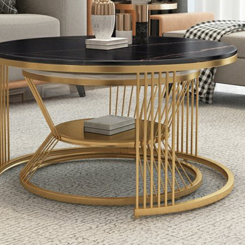 Round Slate Coffee Table Glam Nesting Coffee Table Set with Storage Shelf