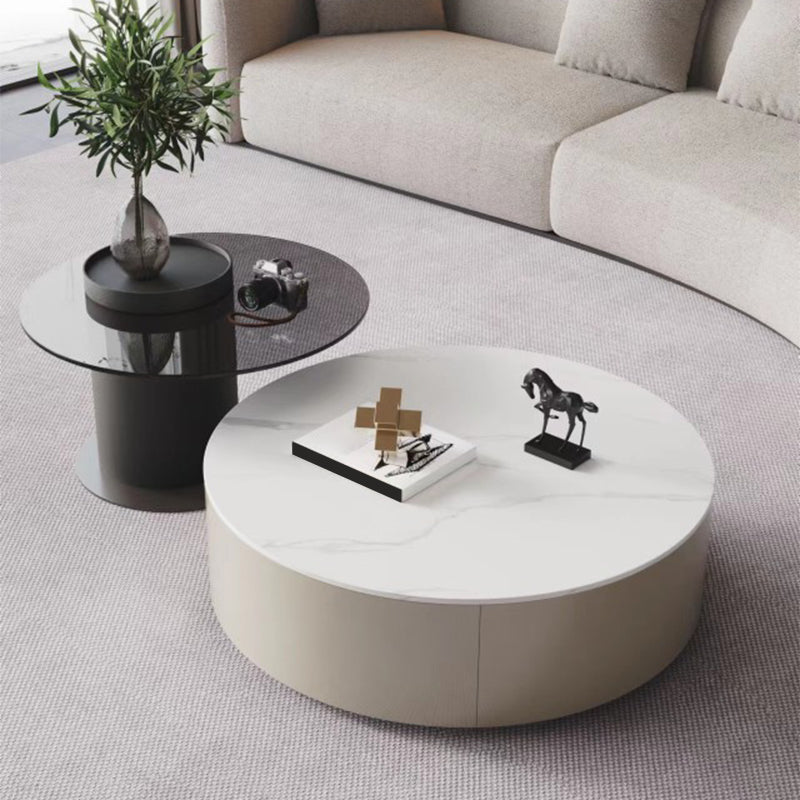 11"H Contemporary Coffee Table Round Coffee Cocktail Table with Drawer