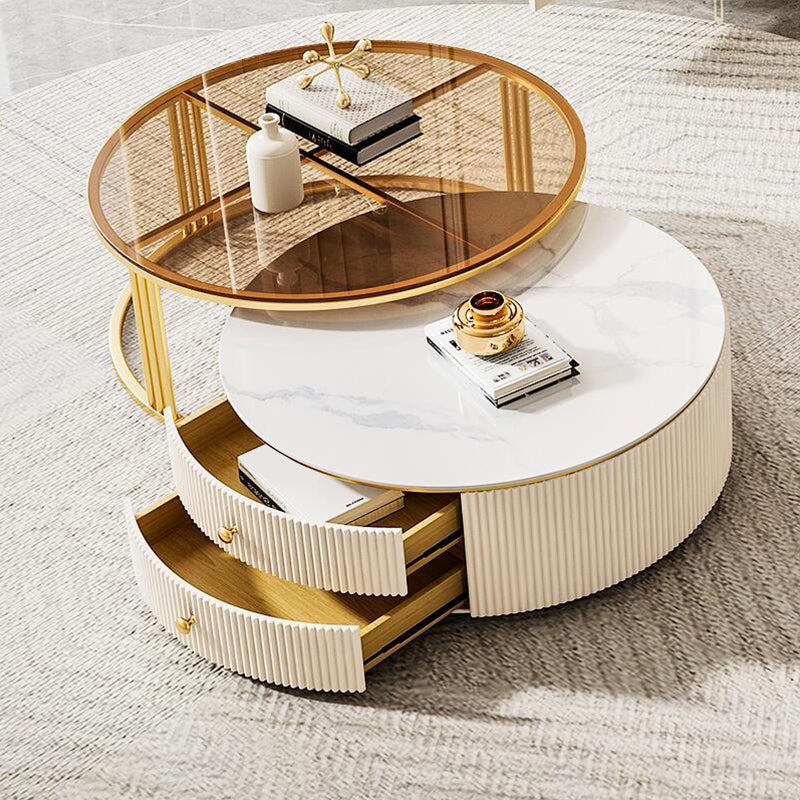 Glam Coffee Table Set Round 2-Piece Coffee Cocktail Table with Drawers