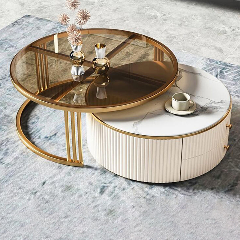 Glam Coffee Table Set Round 2-Piece Coffee Cocktail Table with Drawers