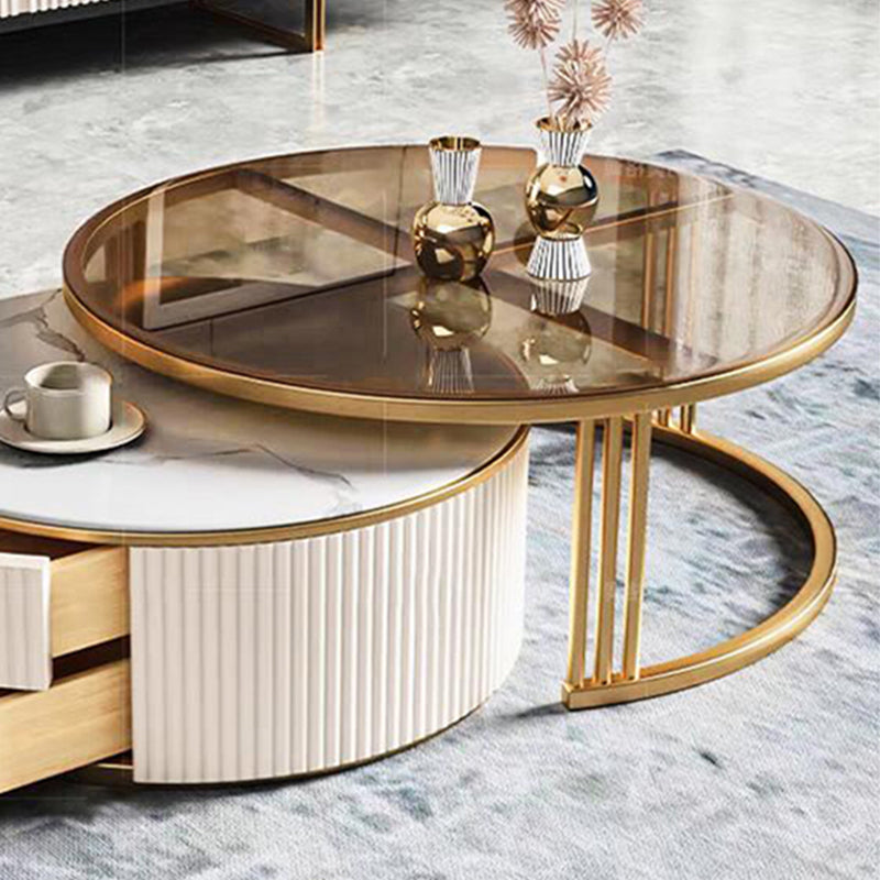 Glam Coffee Table Set Round 2-Piece Coffee Cocktail Table with Drawers