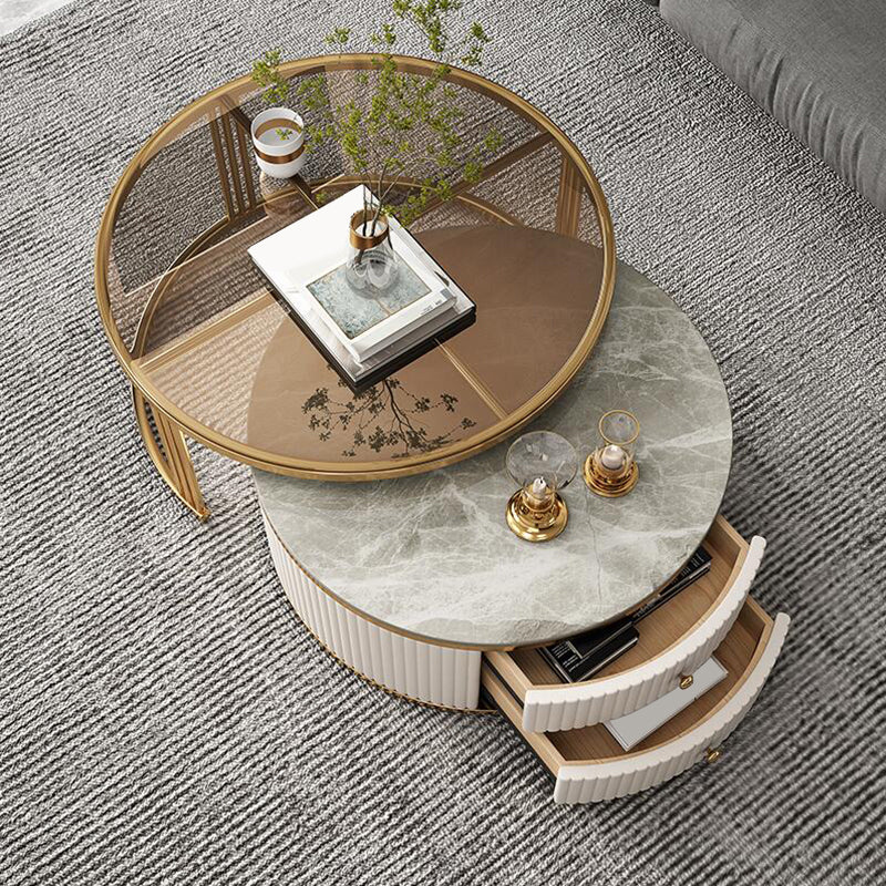Glam Coffee Table Set Round 2-Piece Coffee Cocktail Table with Drawers