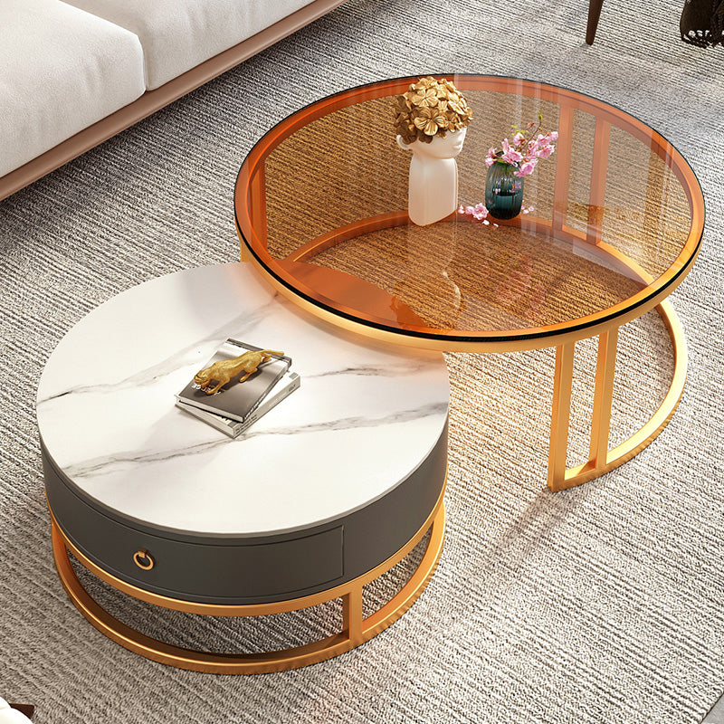Round Nesting Coffee Table Set Frame Glass Coffee Table with Drawer