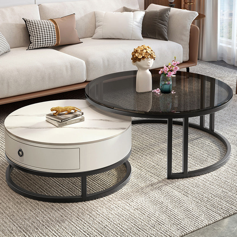 Round Nesting Coffee Table Set Frame Glass Coffee Table with Drawer