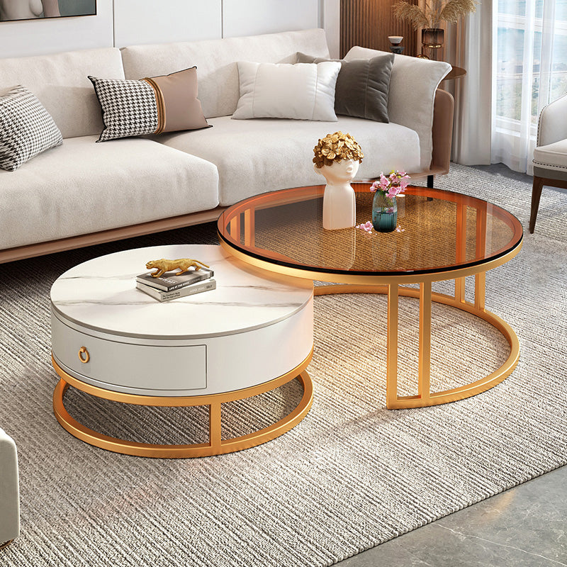 Round Nesting Coffee Table Set Frame Glass Coffee Table with Drawer