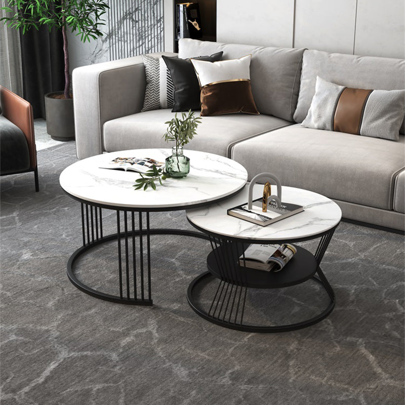 Contemporary Coffee Table Set Round White 2-Piece Coffee Cocktail Table