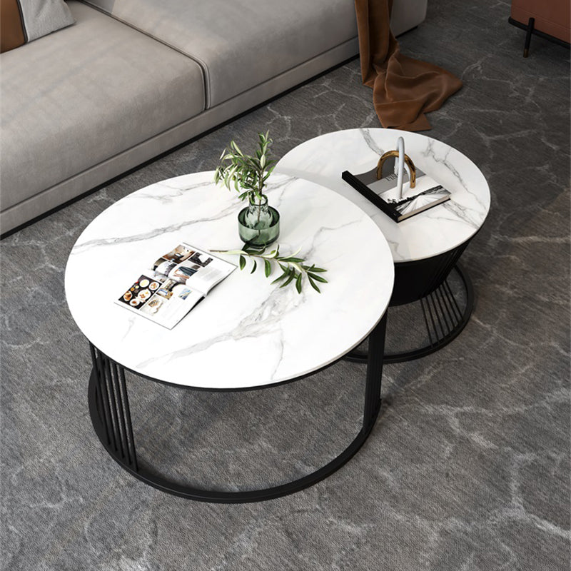 Contemporary Coffee Table Set Round White 2-Piece Coffee Cocktail Table