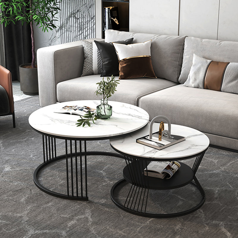 Contemporary Coffee Table Set Round White 2-Piece Coffee Cocktail Table