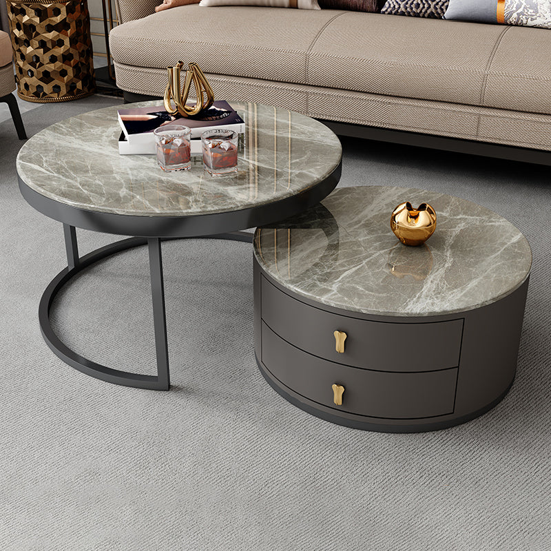 No Distressing Stone Coffee Table Frame Round Nesting Coffee Table Set with 2 Drawers