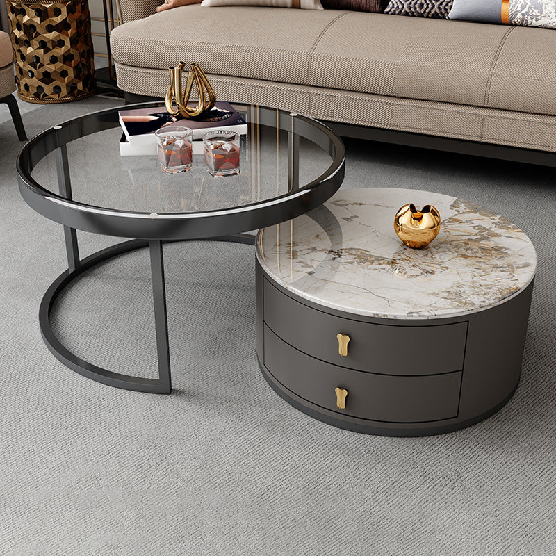 No Distressing Stone Coffee Table Frame Round Nesting Coffee Table Set with 2 Drawers