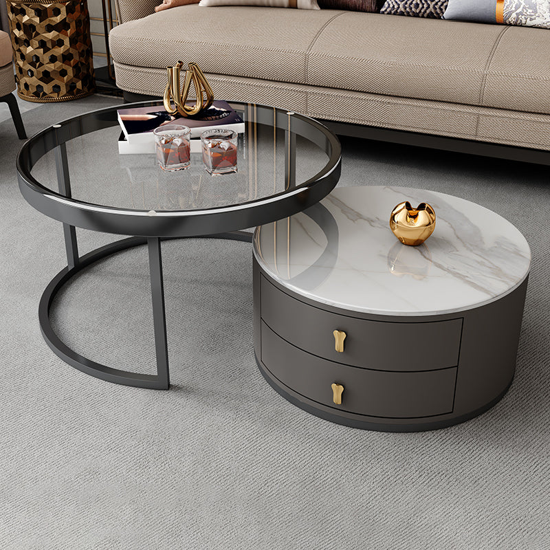 No Distressing Stone Coffee Table Frame Round Nesting Coffee Table Set with 2 Drawers