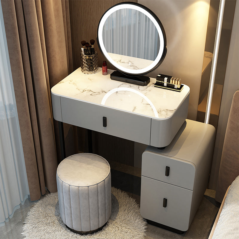 Mirror & 3 Drawers Wood Makeup Vanity Stone Top Dressing Table