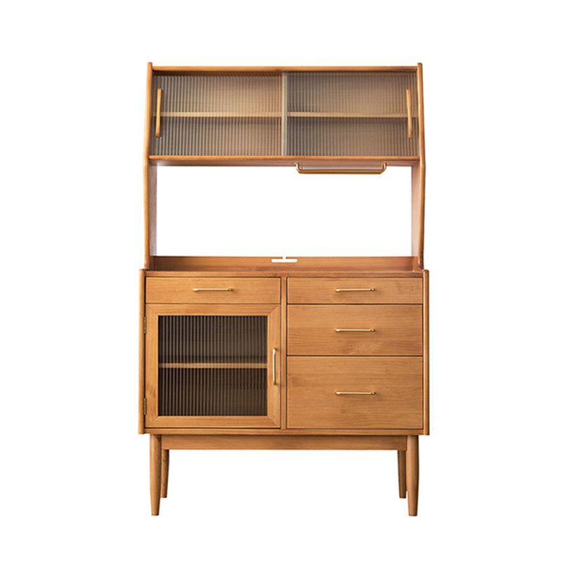 Contemporary Dining Hutch Pine Glass Doors Storage Cabinet for Living Room