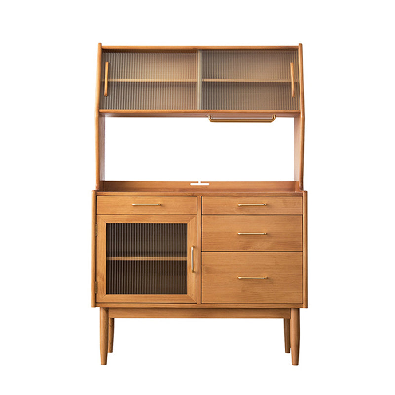 Contemporary Dining Hutch Pine Glass Doors Storage Cabinet for Living Room