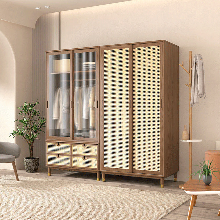 Contemporary Solid Wood Wardrobe Cabinet 2 Sliding Doors Sliding with Drawer