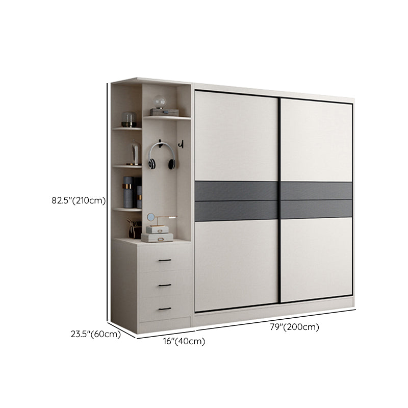 Sliding 2-Door Wood Wardrobe Cabinet Modern Freestanding Wardrobe Armoire with 2 Drawers