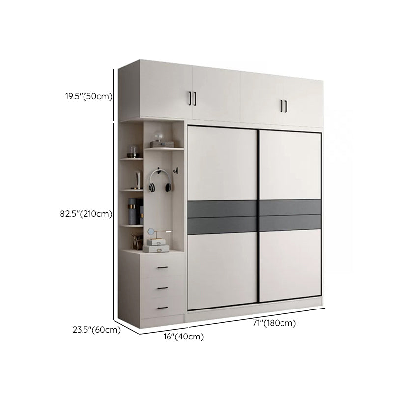 Sliding 2-Door Wood Wardrobe Cabinet Modern Freestanding Wardrobe Armoire with 2 Drawers