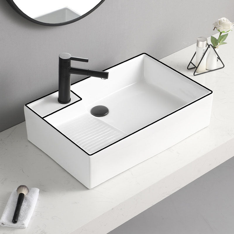 Classic Bathroom Sink Rectangular White Trough Sink with Pop-Up Drain