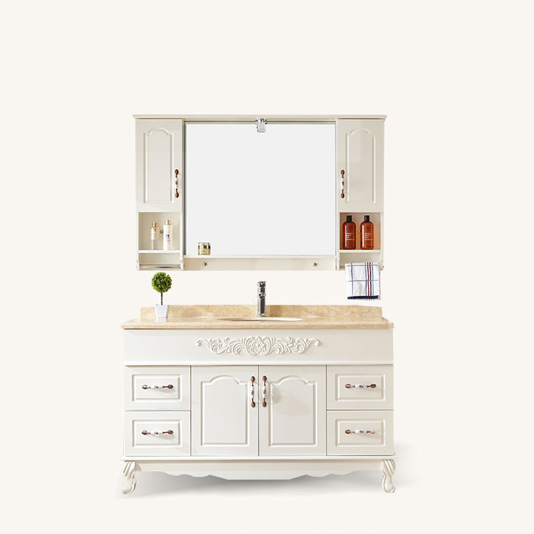 Wood Frame Bathroom Vanity White Freestanding Mirror Drawers Rectangle Vanity with 2 Doors