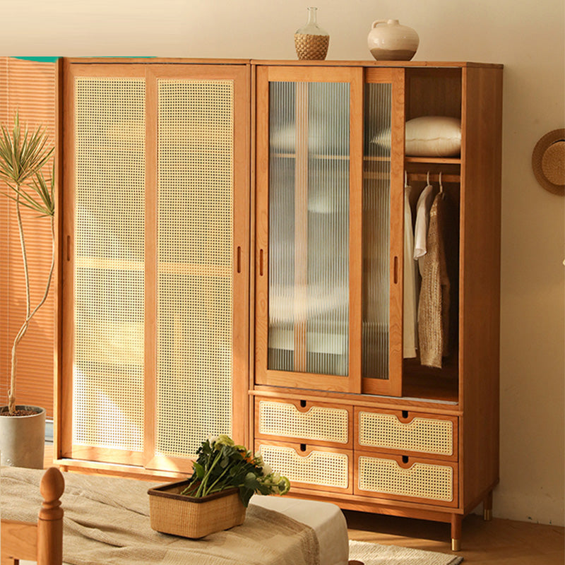 Modern Solid Wood Wardrobe Cabinet 2 Sliding Doors Sliding with Drawer