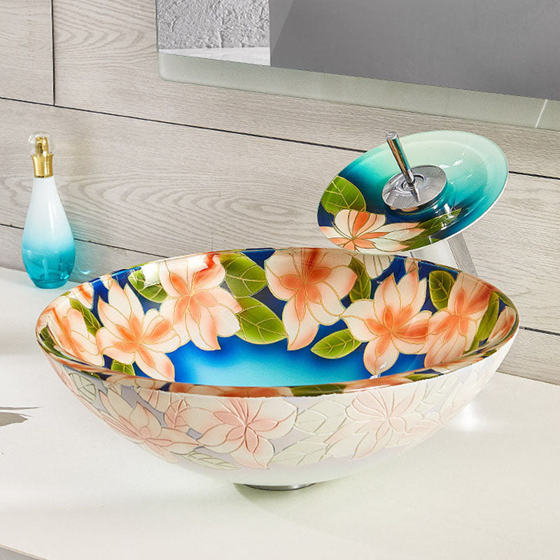 Tempered Glass Bathroom Sink Contemporary Trough Bathroom Sink with Round Shape