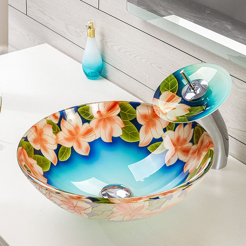 Tempered Glass Bathroom Sink Contemporary Trough Bathroom Sink with Round Shape