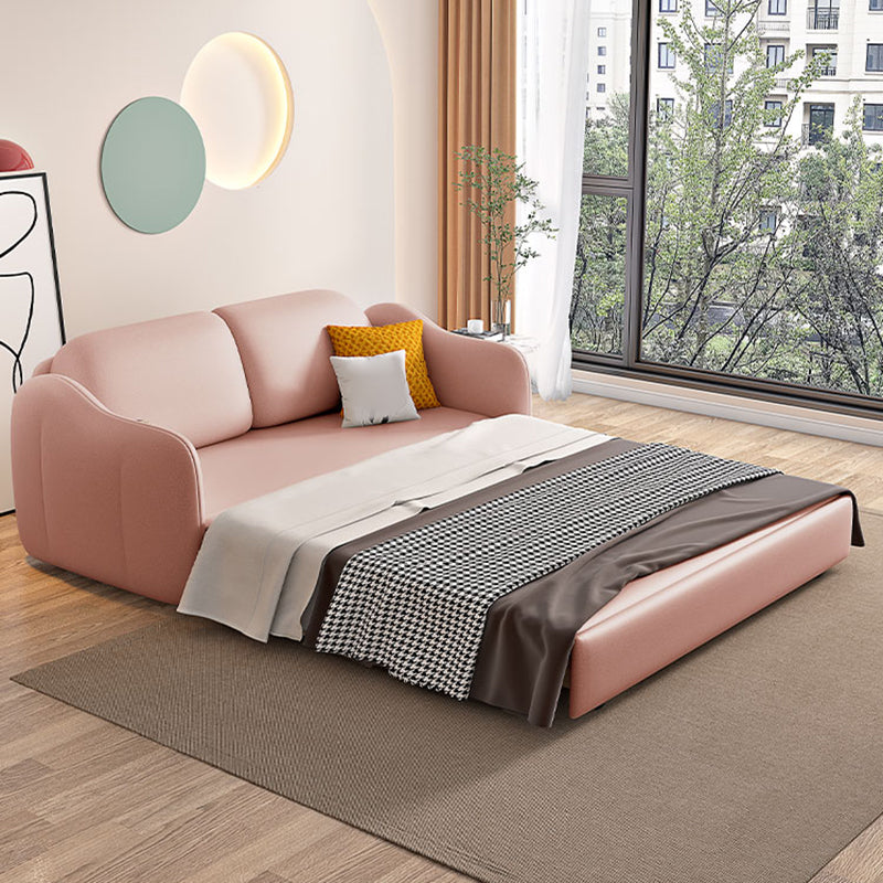 Scandinavian Faux Leather Sleeper Sloped Arm Sofa Bed in Pink