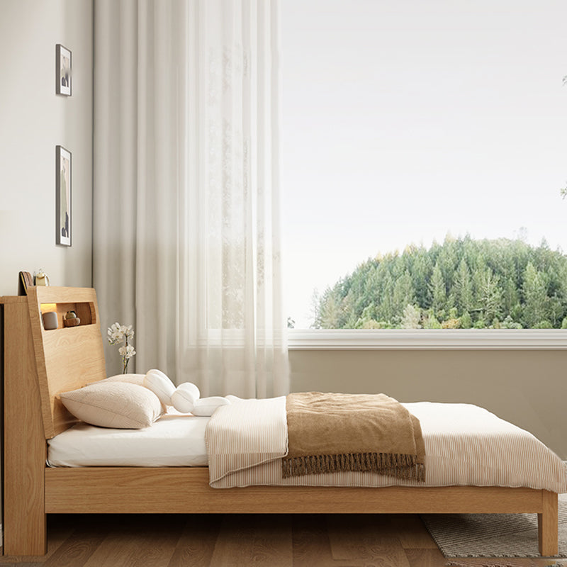 Natural Solid Wood Panel Bed with Headboard Standard Bed with Shelves