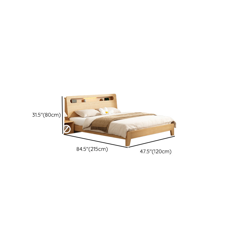 Natural Solid Wood Panel Bed with Headboard Standard Bed with Shelves