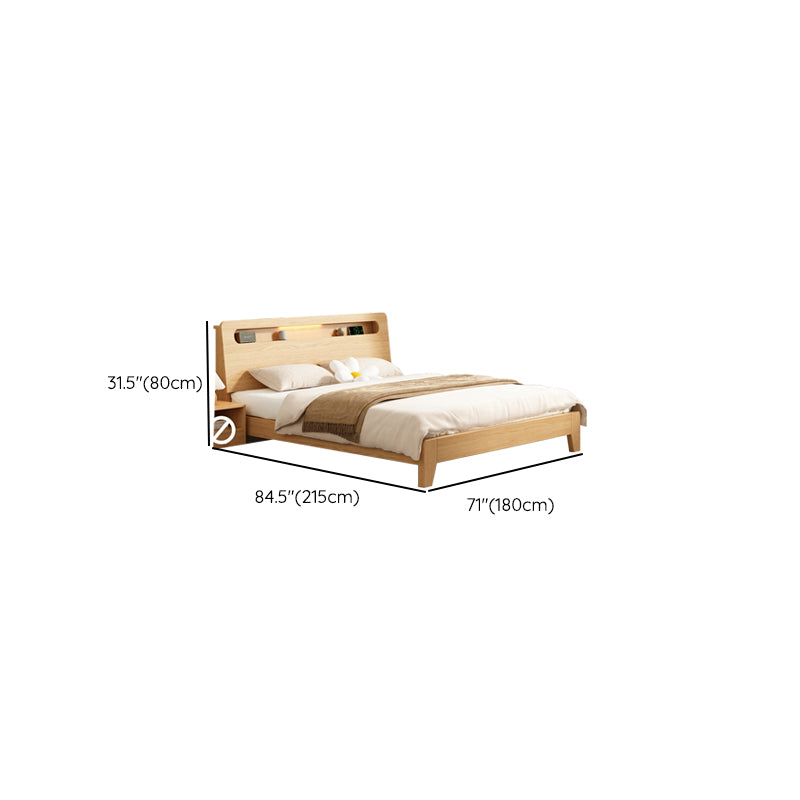 Natural Solid Wood Panel Bed with Headboard Standard Bed with Shelves