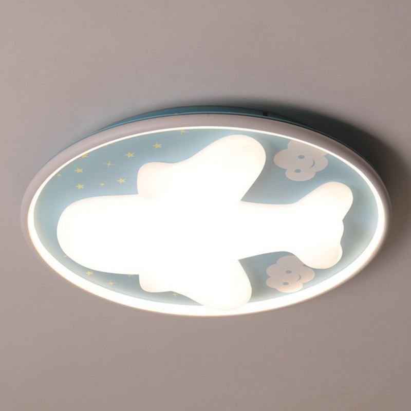 1 - Light LED Flush Mount Light Round Kids Style Flush in Blue and White