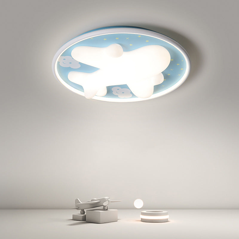 1 - Light LED Flush Mount Light Round Kids Style Flush in Blue and White